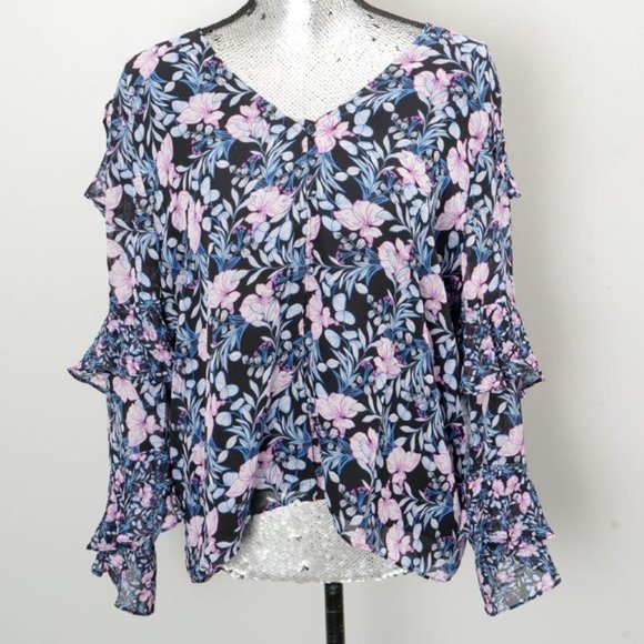 NWT Vince Camuto Navy Floral Tiered Ruffle-Sleeve V-Neck Top -Large - Picture 3 of 6
